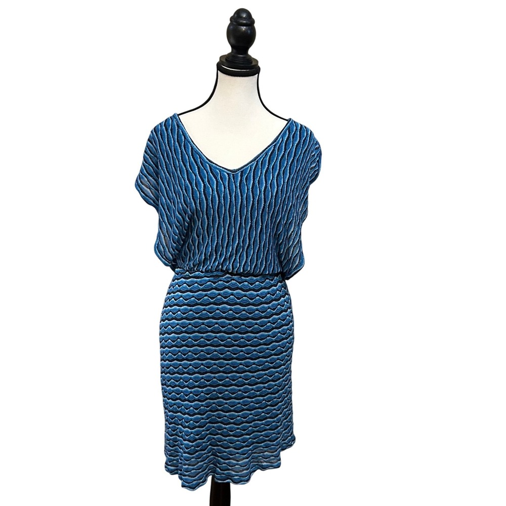 Hale Bob XS Knit Dress Blue Wavy Pattern Sheath Mini Cocktail No‎ belt